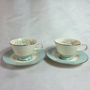 Sevron Blue Lace Gravy Cup & Saucer Sets Floral Center Aqua Blue Border